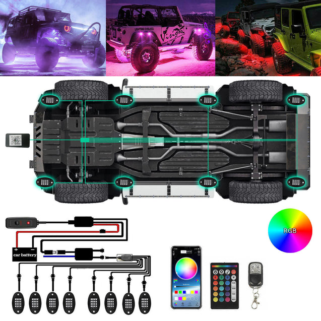 12x RGB LED Pods Rock Light Kit Underbody Glow Neon Lamp Bluetooth Music Control