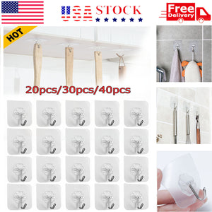 20-40PCS Adhesive Sticky Hooks Heavy Duty Wall Seamless Hook Hangers Transparent