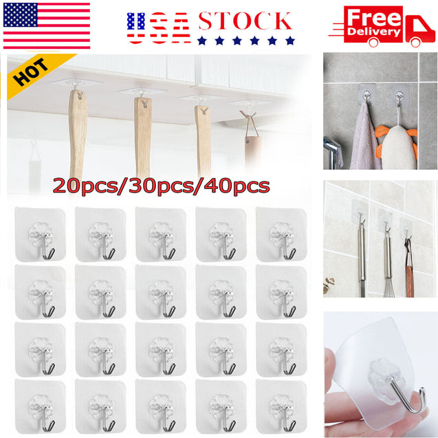 20-40PCS Adhesive Sticky Hooks Heavy Duty Wall Seamless Hook Hangers Transparent
