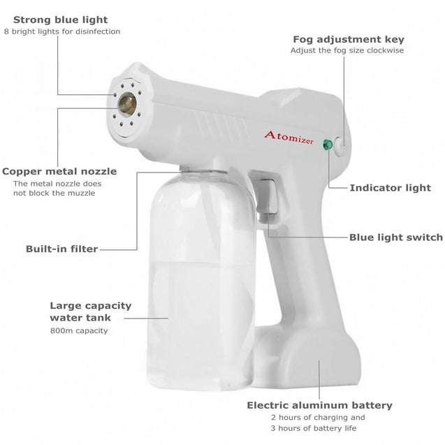 Wireless Nano Blue Light Steam Spray Disinfection Sprayer Gun 800ML USB Charging