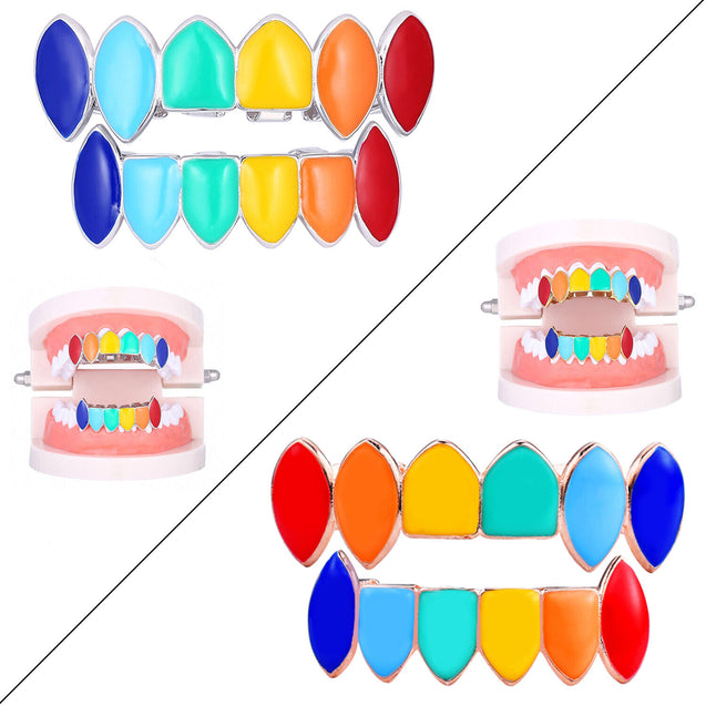 Hip Hop Grillz Teeth 14k Gold Plated Rainbow Vampire Fangs Top Bottom Set