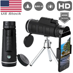 40X60 HD BAK4 Monocular Telescope+Phone Clip Tripod Night Vision Outdoor Hiking