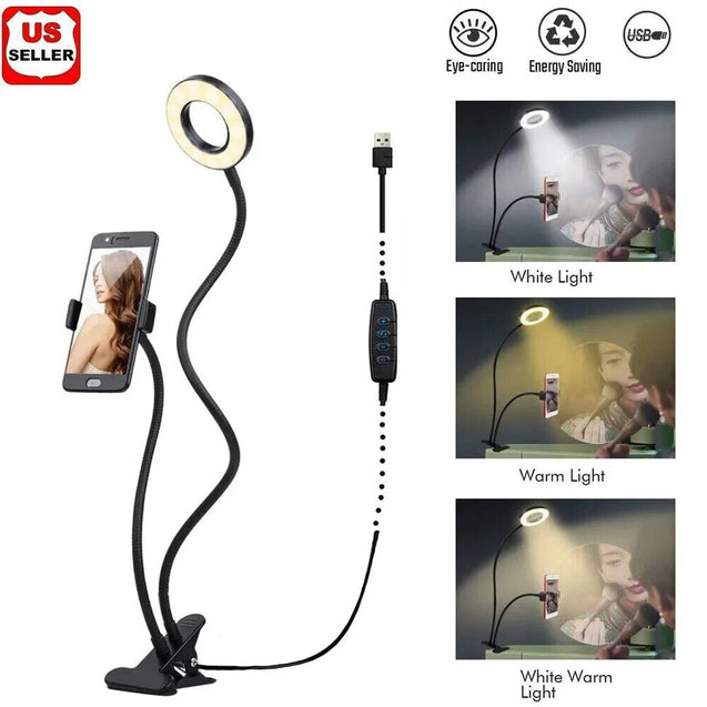 LED Selfie Ring Light Phone Holder Flexible Stand Long Arm for Stream Live Lamp