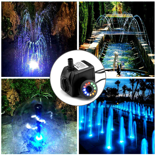 Submersible Water Pump with 12 LED 16W Lights for Fountain Pool Garden Pond Tank