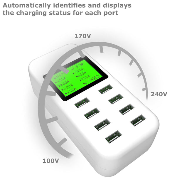 8-Port Smart Multi USB AC Wall Charger Hub Smart Fast Wall Charging Station LCD