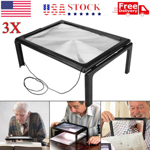 Full Page 3X Large Magnifier Book Reading Aid Magnifying Glass w/ 4 LED Lights