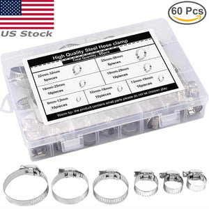 60pcs Adjustable Hose Clamps Worm Gear Stainless Steel Clamp Assortment 7 Sizes