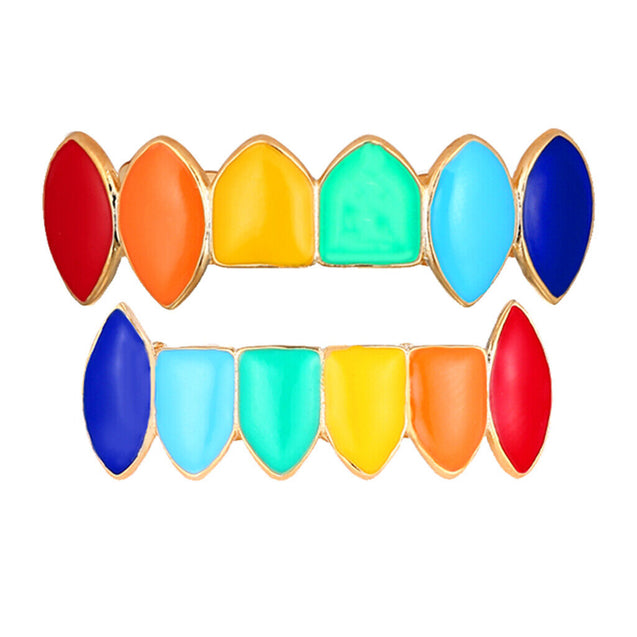 Hip Hop Grillz Teeth 14k Gold Plated Rainbow Vampire Fangs Top Bottom Set