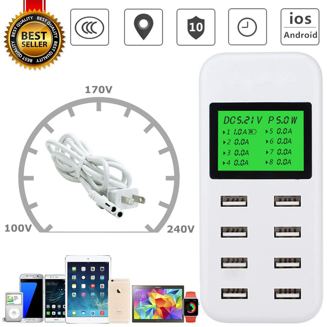 8-Port Smart Multi USB AC Wall Charger Hub Smart Fast Wall Charging Station LCD