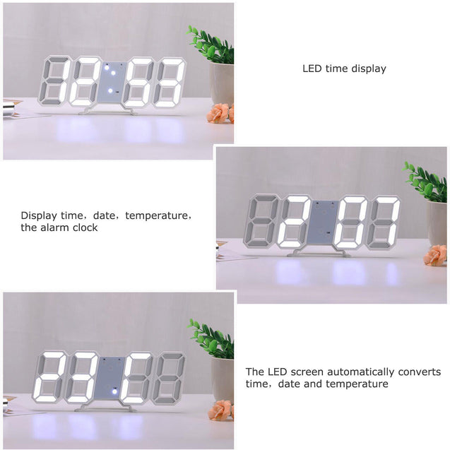 Digital 3D LED Big Wall Desk Alarm Clock Snooze 12/24 Hours Auto Brightness USB