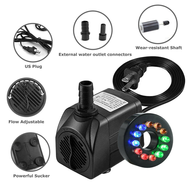 Submersible Water Pump with 12 LED 16W Lights for Fountain Pool Garden Pond Tank