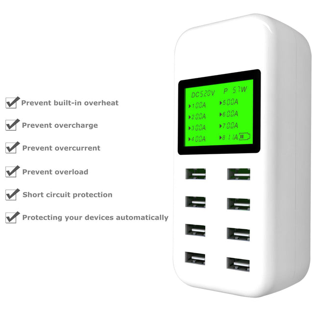 8-Port Smart Multi USB AC Wall Charger Hub Smart Fast Wall Charging Station LCD