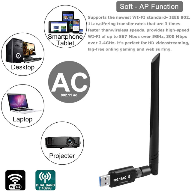 1200Mbps Wireless USB Wifi Adapter Dongle Dual Band 2.4G/5GHz W/Antenna 802.11AC
