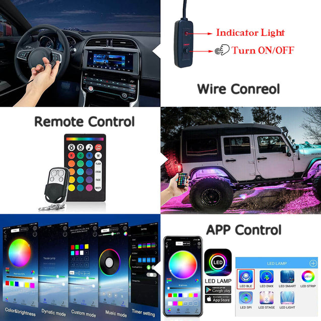 12x RGB LED Pods Rock Light Kit Underbody Glow Neon Lamp Bluetooth Music Control