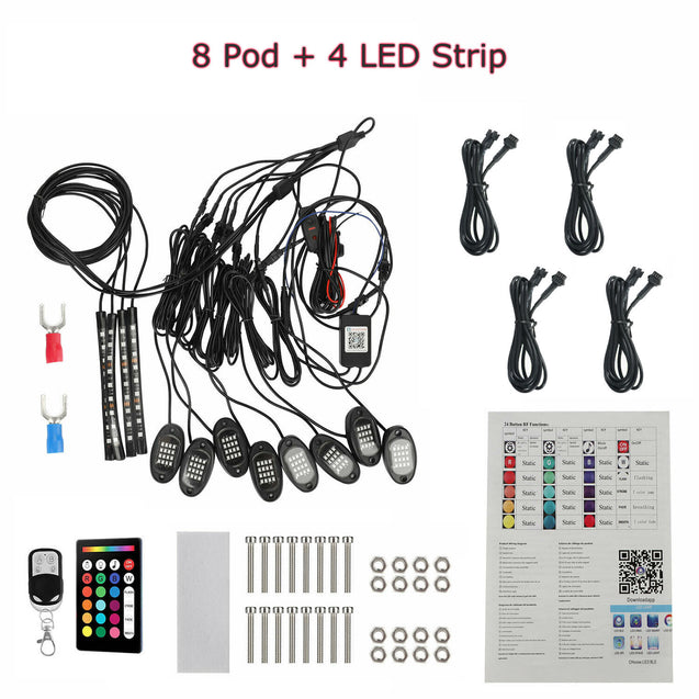 12x RGB LED Pods Rock Light Kit Underbody Glow Neon Lamp Bluetooth Music Control