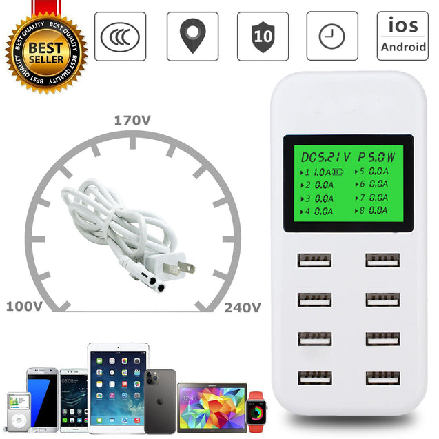 8-Port Smart Multi USB AC Wall Charger Hub Smart Fast Wall Charging Station LCD