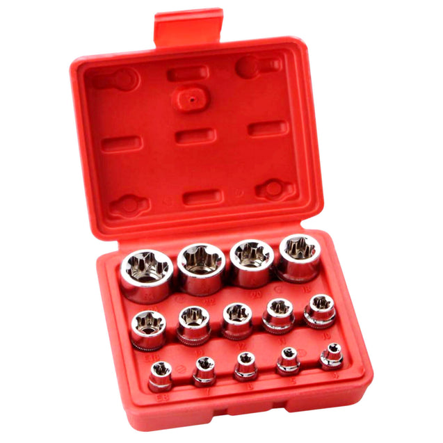 14 PCS E Torx Star Female Bit Socket Set 1/2" 3/8" 1/4" Drive E4 - E24 with Case