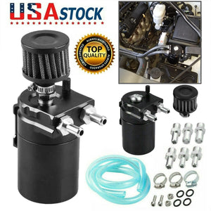 Oil Catch Reservoir Breather Can Tank +Filter Kit Cylinder Aluminum Engine Black