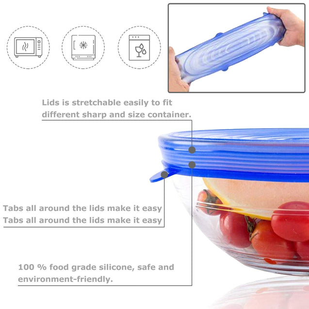 6 PCS Silicon Reusable Stretch Lids Food Bowl Containers Dishes Covers 
