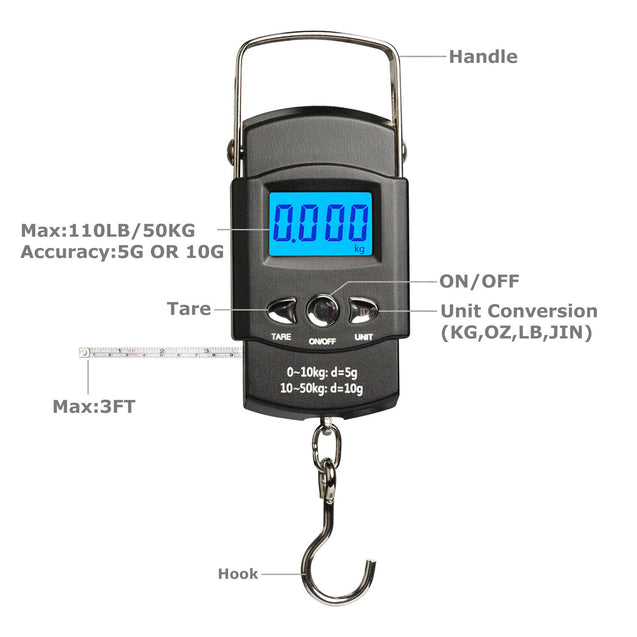 LCD Electronic Fishing Scale Portable Digital Luggage Weight Hanging Hook 50KG