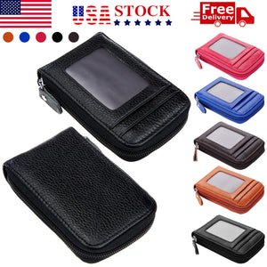 Genuine Leather Men Women Wallet Credit Card Holder RFID Blocking Zipper Pocket