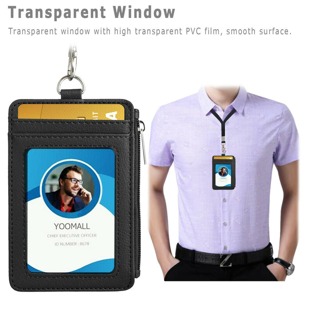 ID Badge Card Holder Pu Leather Vertical Clip Neck Strap Lanyard Necklace Case