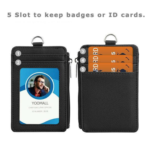 ID Badge Card Holder Pu Leather Vertical Clip Neck Strap Lanyard Necklace Case
