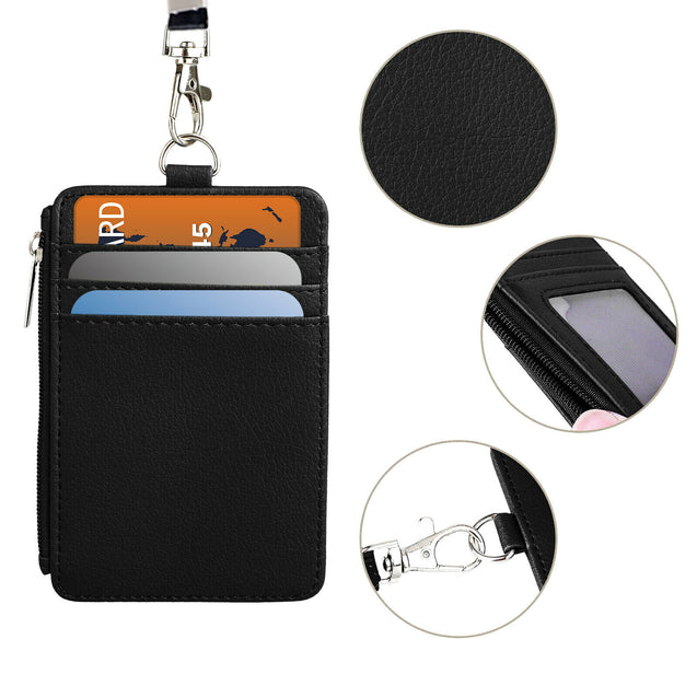 ID Badge Card Holder Pu Leather Vertical Clip Neck Strap Lanyard Necklace Case