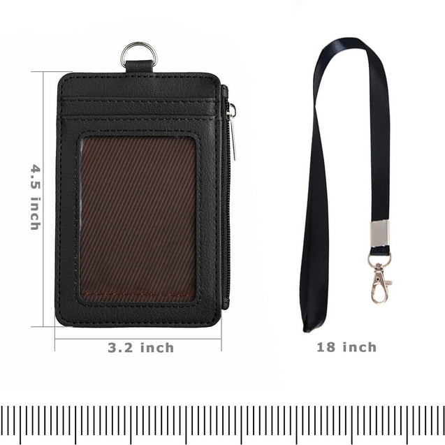 ID Badge Card Holder Pu Leather Vertical Clip Neck Strap Lanyard Necklace Case