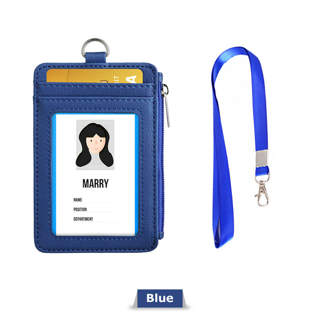 ID Badge Card Holder Pu Leather Vertical Clip Neck Strap Lanyard Necklace Case
