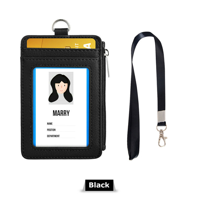 ID Badge Card Holder Pu Leather Vertical Clip Neck Strap Lanyard Necklace Case