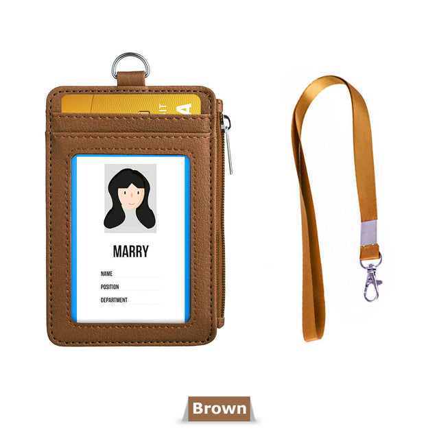 ID Badge Card Holder Pu Leather Vertical Clip Neck Strap Lanyard Necklace Case