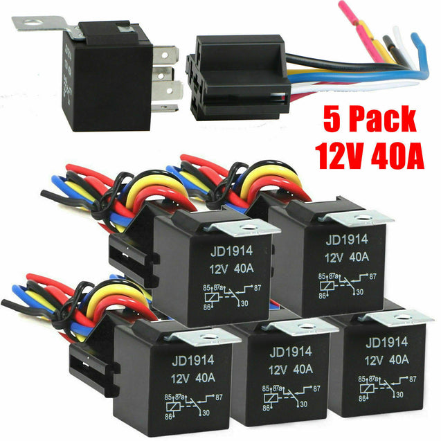 5 Pack 12V 30/40 Amp 5-Pin SPDT Automotive Relay with Wires & Harness Socket Set