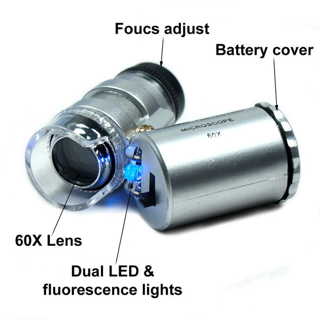 Mini 60X Jewelers Loupe / Magnifier with LED & Fluorescence Ultra Violet Lights - Anyvolume.com