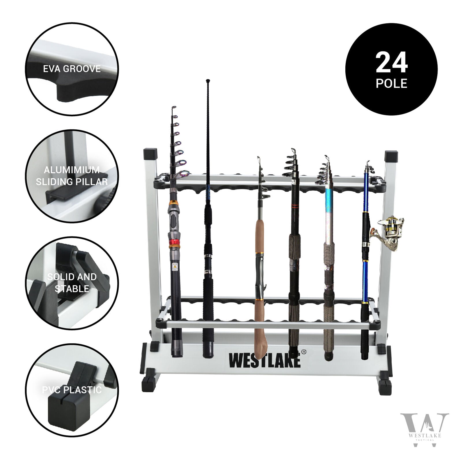 24 Rod Fishing Pole Holder Aluminum Alloy Stand Rack Storage Portable