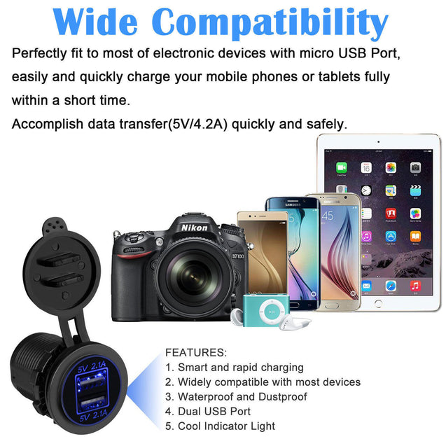 12V Car Cigarette Lighter Socket Dual 2.1A USB Port Charger Power Outlet LED - Anyvolume.com