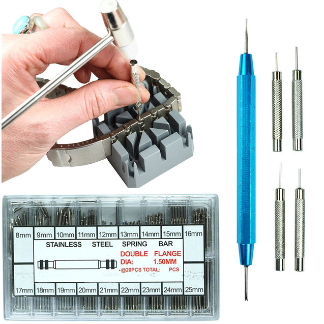 Watch Band Spring Bar Tool Kit - Hammer Punch Pusher Strap Holder 360 Link Pins - Anyvolume.com