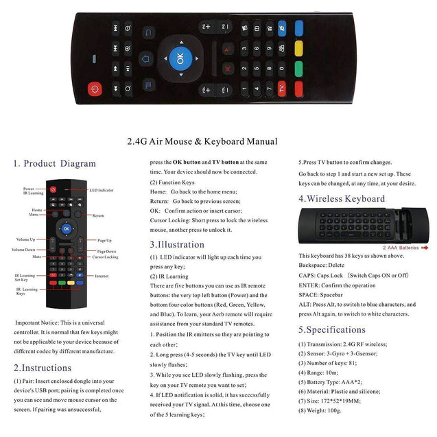 2.4G Wireless Keyboard Air Mouse IR Remote Learning for Android Smart TV PC PS4