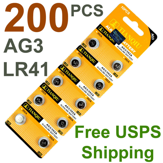 200 PCS LR41 AG3 392 LR736 1.5V Alkaline Battery for Watch Remote US Free ship